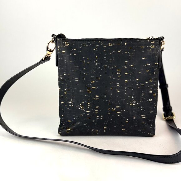 QUEORK Black Cork Crossbody Bag with Gold Flecks, Vegan Leather, Striped Lining - Picture 11 of 11